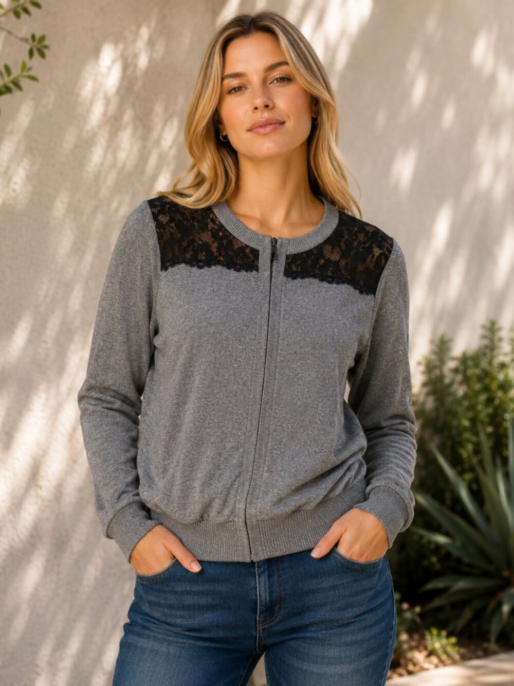 Lane Bryant Lace Shoulder Cardigan Gray Button Front Sweater‎ Plus 18/20